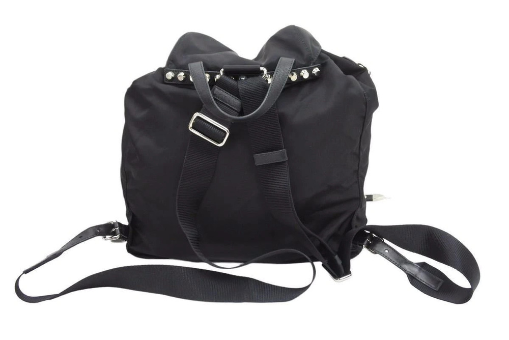 Prada Plate Triangle Backpack Leather Stud Rucksack Black